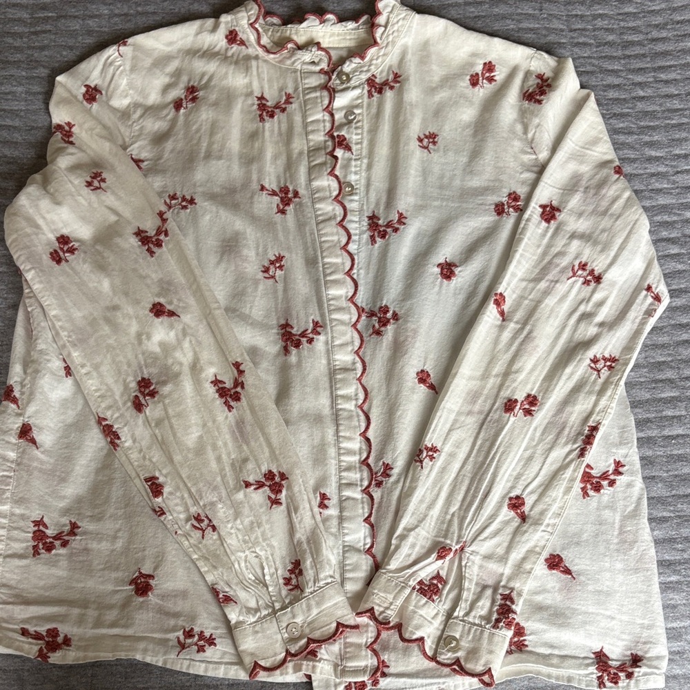 Sezane White and Red Floral Blouse